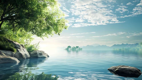 Lake light hums softly while distant islands dream blue