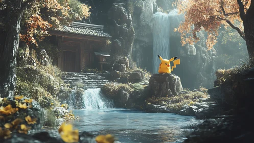 Pikachu figure beside forest waterfall and wooden shrine.