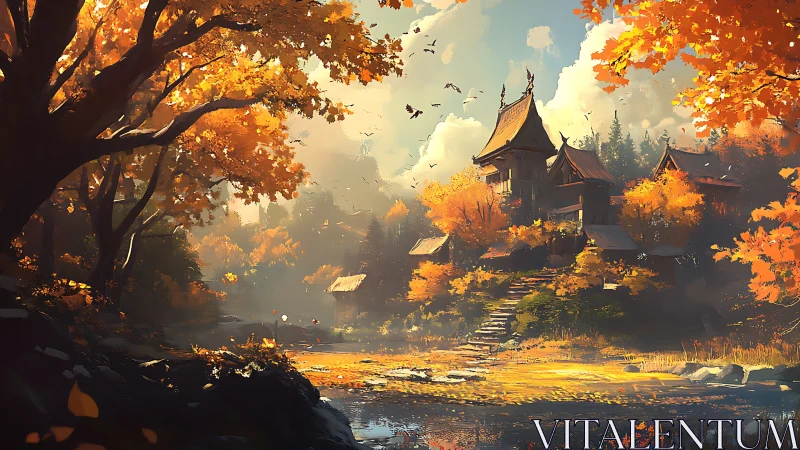 Autumn shrine glows above a river of wandering golden leaves.