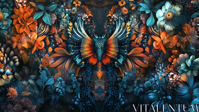 Symmetrical digital painting of neon florals and winged hybrid form.
