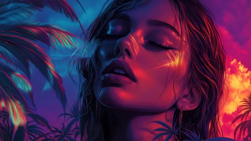Neon lit woman at tropical sunset with vivid palm trees.
