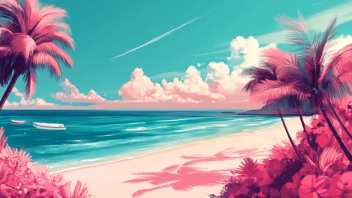 Tropical Beach Scene with Stylized Palm Trees and Turquoise Waters.