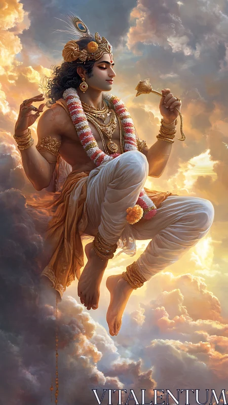 Divine celestial figure in garlanded attire amid radiant clouds