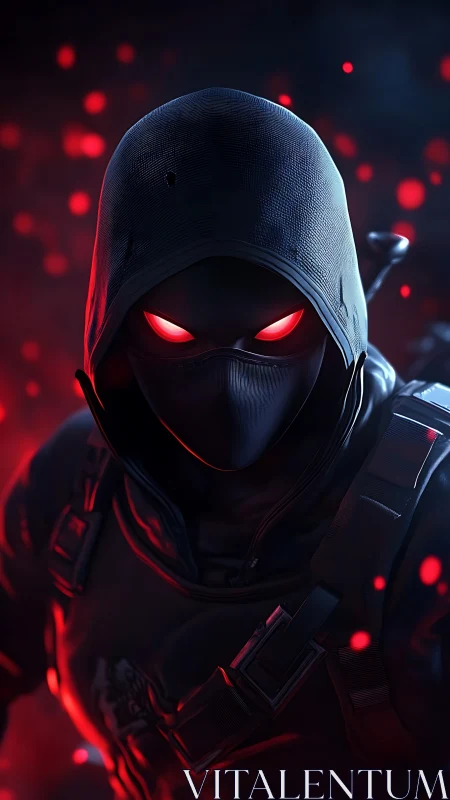 Hooded masked figure with red eyes in dark digital scene.