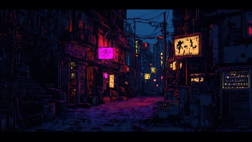 Urban alleyway scene shows neon signage and dense wiring network