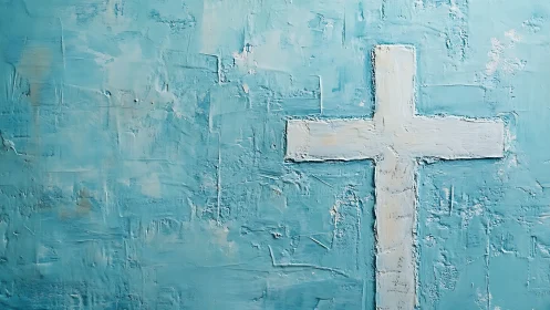Textured white cross on abstract cyan impasto ground.