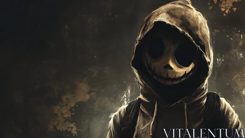 Hooded skull-faced figure emerges from grunge darkness.