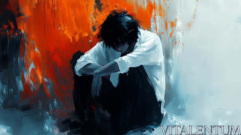 Seated figure against abstract wall in blue and orange tones.