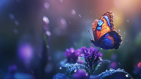 Iridescent butterfly on dewy flower in soft rainlight.