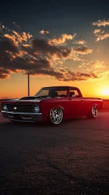 Sunset cruise with a low-slung classic Chevy pickup truck.