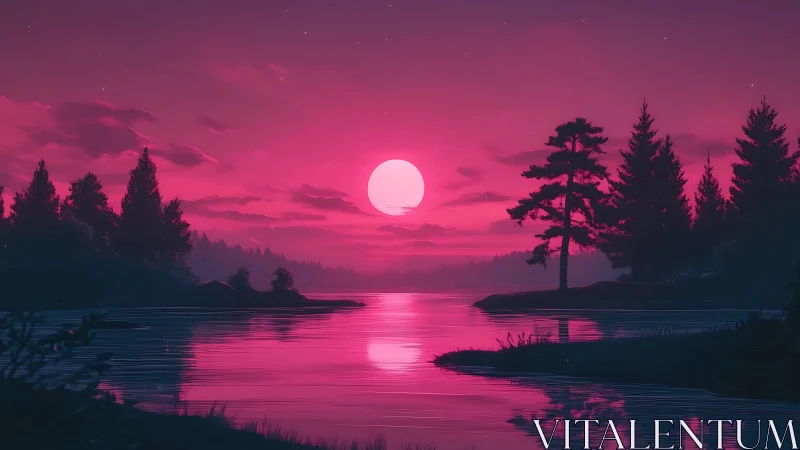 Neon magenta moonrise over conifer lake with mirror reflections