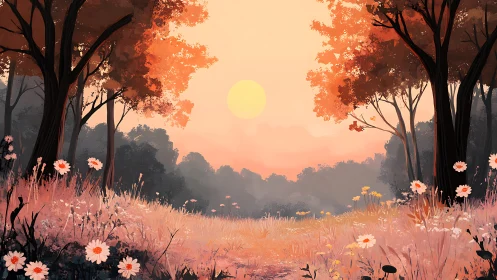 Sunlit forest clearing with daisies under warm orange sky