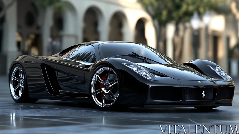 Velvet-shadow hypercar purring along sunlit arcades.