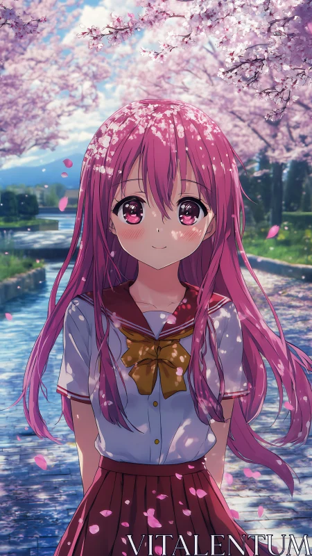 Pink haired student under cherry blossoms by riverside path.