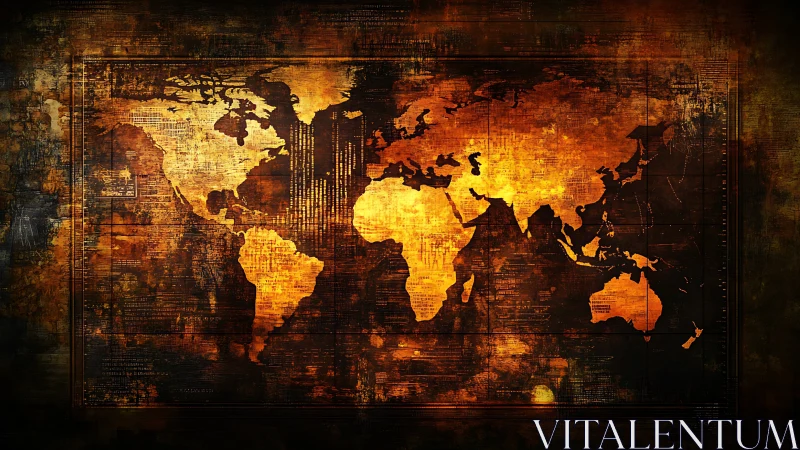 Grunge world map in fiery orange and dark brown tones.
