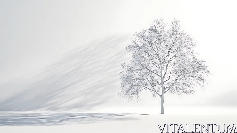 Solitary winter tree casting soft shadows on snowfield.