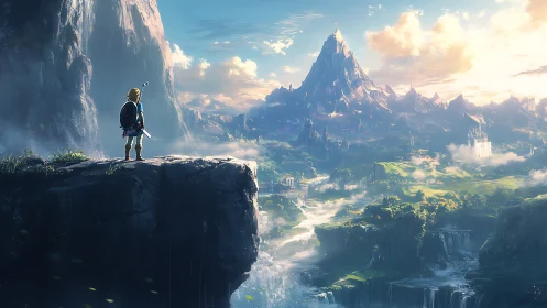 Fantasy hero overlooks vast sunlit mountain kingdom.