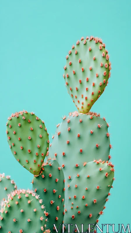 Prickly pear cactus pads glow against bright turquoise backdrop.