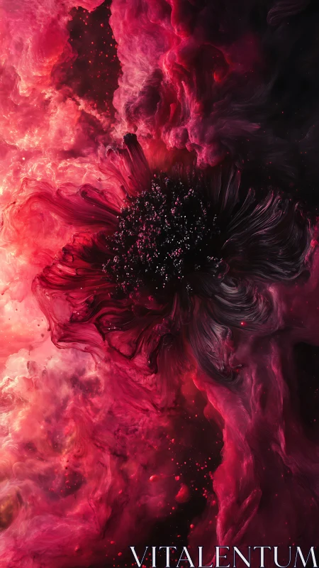 Crimson nebula blossom swirling in cosmic velvet storm.
