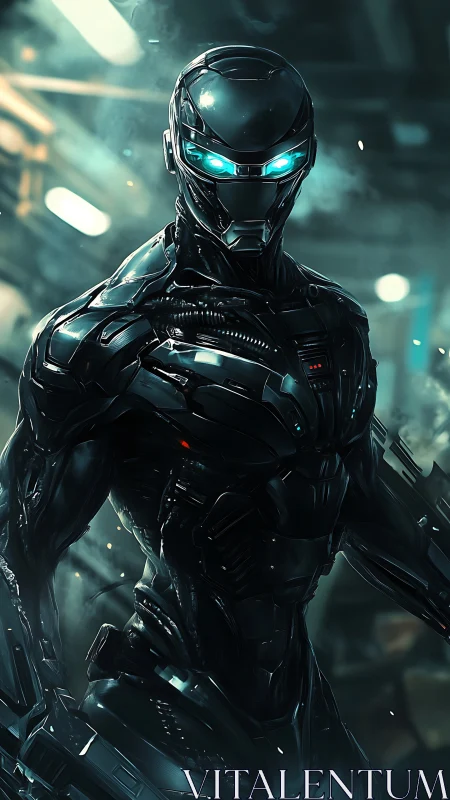 Futuristic armored humanoid robot in industrial setting.