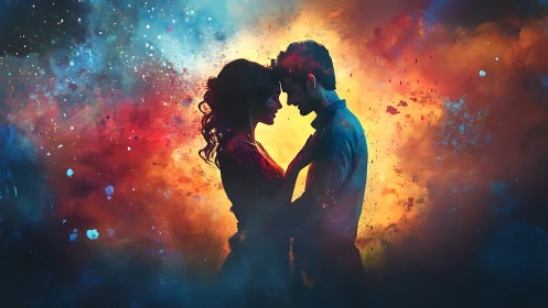 Silhouetted figures in explosive color gradient environment