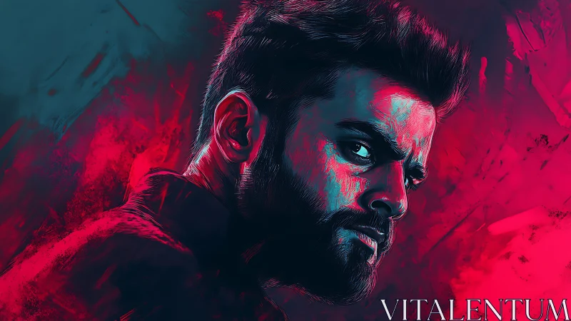 Intense male portrait in neon cyan and magenta digital strokes.