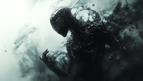 Liquid black humanoid figure in swirling mist environment.