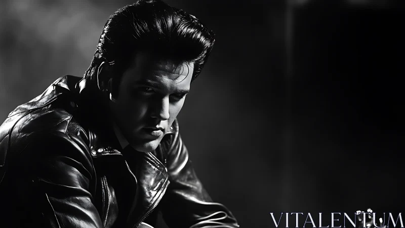 Moody rockabilly rebel in classic leather and shadows.