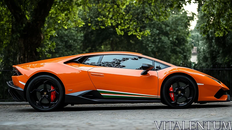 Bright orange sports car parked on cobblestone street.