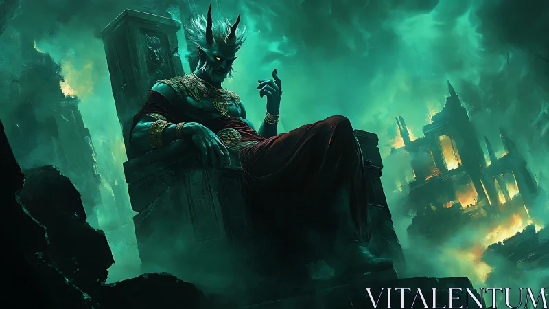 Digital painting of a demonic monarch enthroned in ruins.