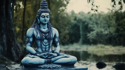 Stone seated deity figure near forest water body.
