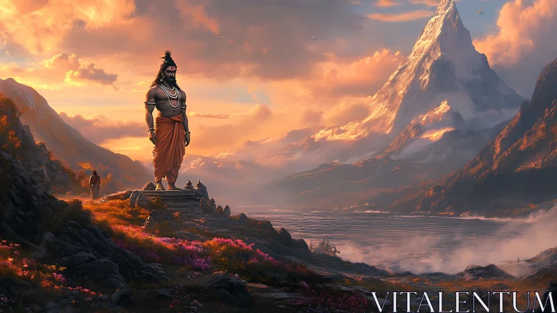 Colossal ascetic monument overlooking glacial lake at sunrise.