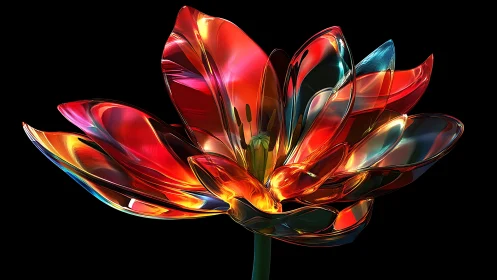 Translucent multicolor glass flower on black background.
