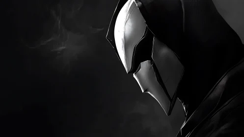 Hooded armored figure gazes downward in stark monochrome.