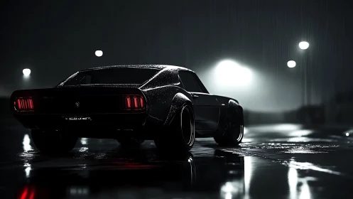 Rear view shows black muscle car on wet road at night