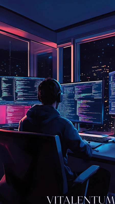 Nighttime developer at multi-monitor workstation, neon city glow