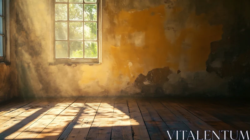 Sunlight enters an empty room through a single window