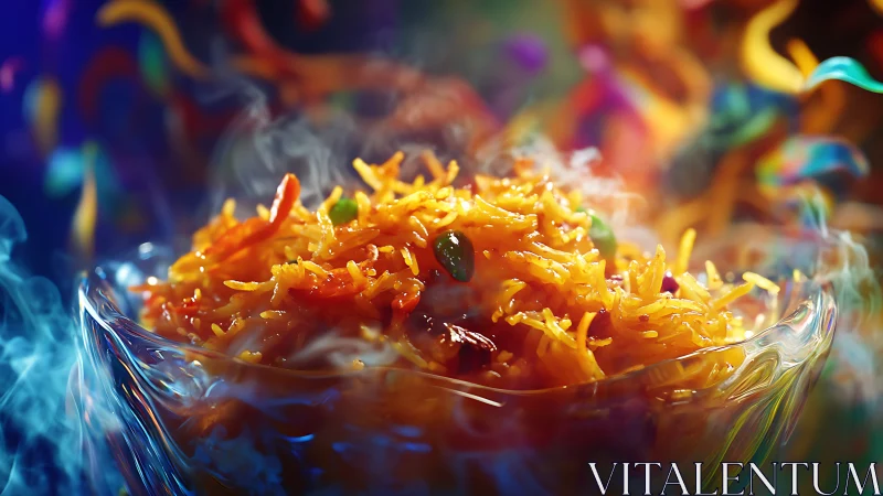 Steaming spiced rice dish in glass bowl with vivid backdrop.