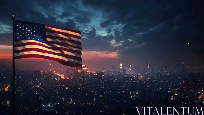 US flag over illuminated city skyline at dramatic dusk sky
