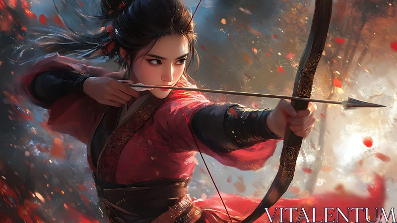 Focused archer in crimson robes amid swirling embers.