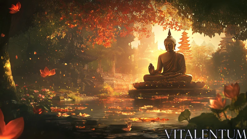 Golden Buddha statue radiates light across tranquil lotus pond