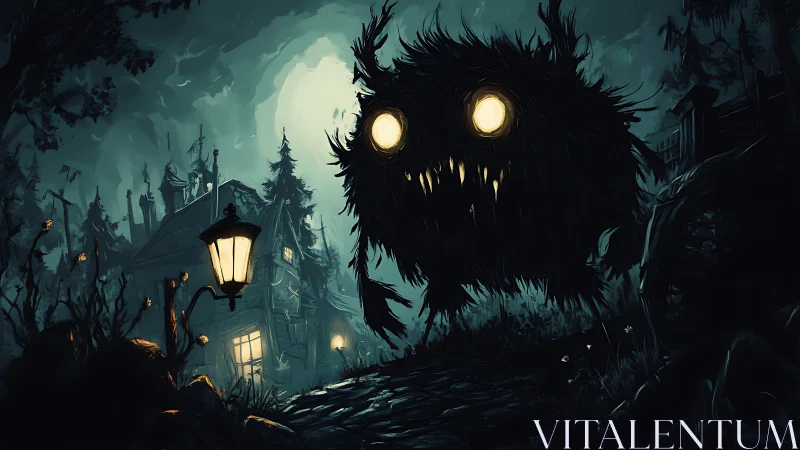 Large glowing eyed shadow monster over dark forest path.
