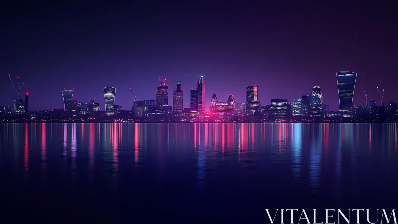 Neon-lit financial skyline reflected on calm river surface.