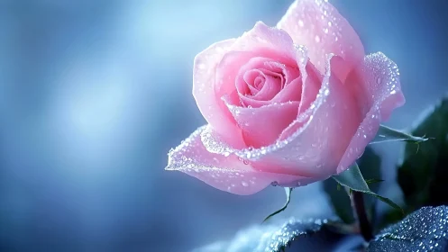 Pearl-Draped Pink Rose Catches Crystalline Morning Light