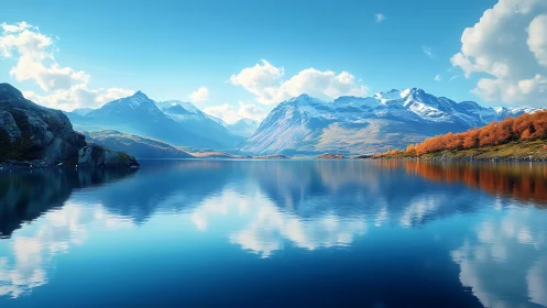 Calm mountain lake cradled by bright autumn reflections.