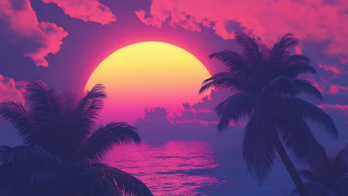 Neon tropical sunset bathes palm silhouettes in color glow.
