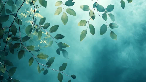 Sunlit Green Leaves Against Soft Blue Misty Background, Nature Art.