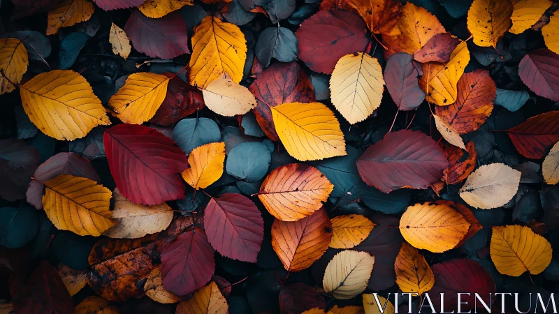 Autumn foliage arrangement with mixed colored fallen leaves.