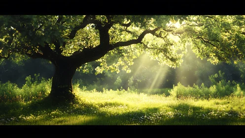 Sunlit woodland tree with broad canopy in soft light.
