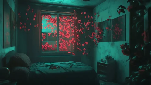 Midnight bedroom blooms under neon cyan and scarlet hush.